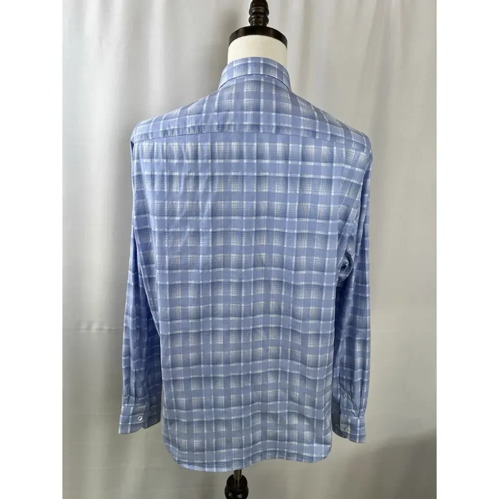 Bugatchi White & Blue Plaid Casual Button Down Shirt - Size Large - Classic Fit